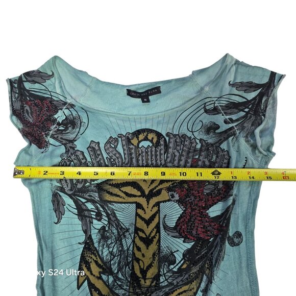 Crash & Burn Women's Graphic Tee Blue Sequins Glitter Anchor Semi Sheer Small - Picture 4 of 8